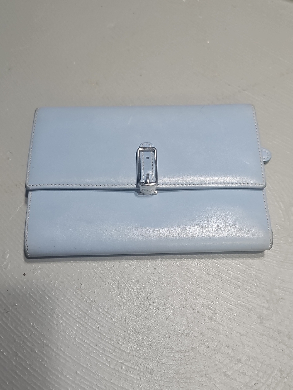 Coach Bags Vintage Blue Leather Trifold Wallet Zip Coin Change Monogram Lining - Picture 1 of 13